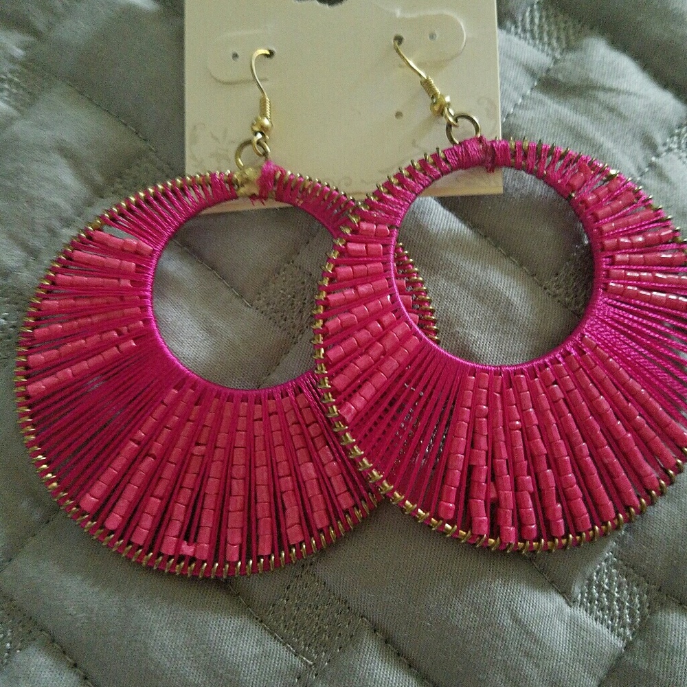 2 Boho String Earrings Fuchsia & Turquoise Nwt - image 2
